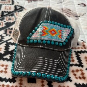 Beaded Black and White Cap with Turquoise Accents